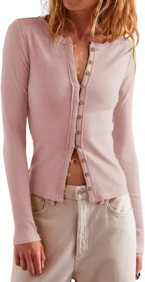 Womens Slim Fitted Ribbed Cardigan Long Sleeve Y2K Button Down Shirts Lightweight Pullover Tunic Tops