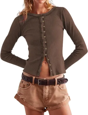 Womens Slim Fitted Ribbed Cardigan Long Sleeve Y2K Button Down Shirts Lightweight Pullover Tunic Tops