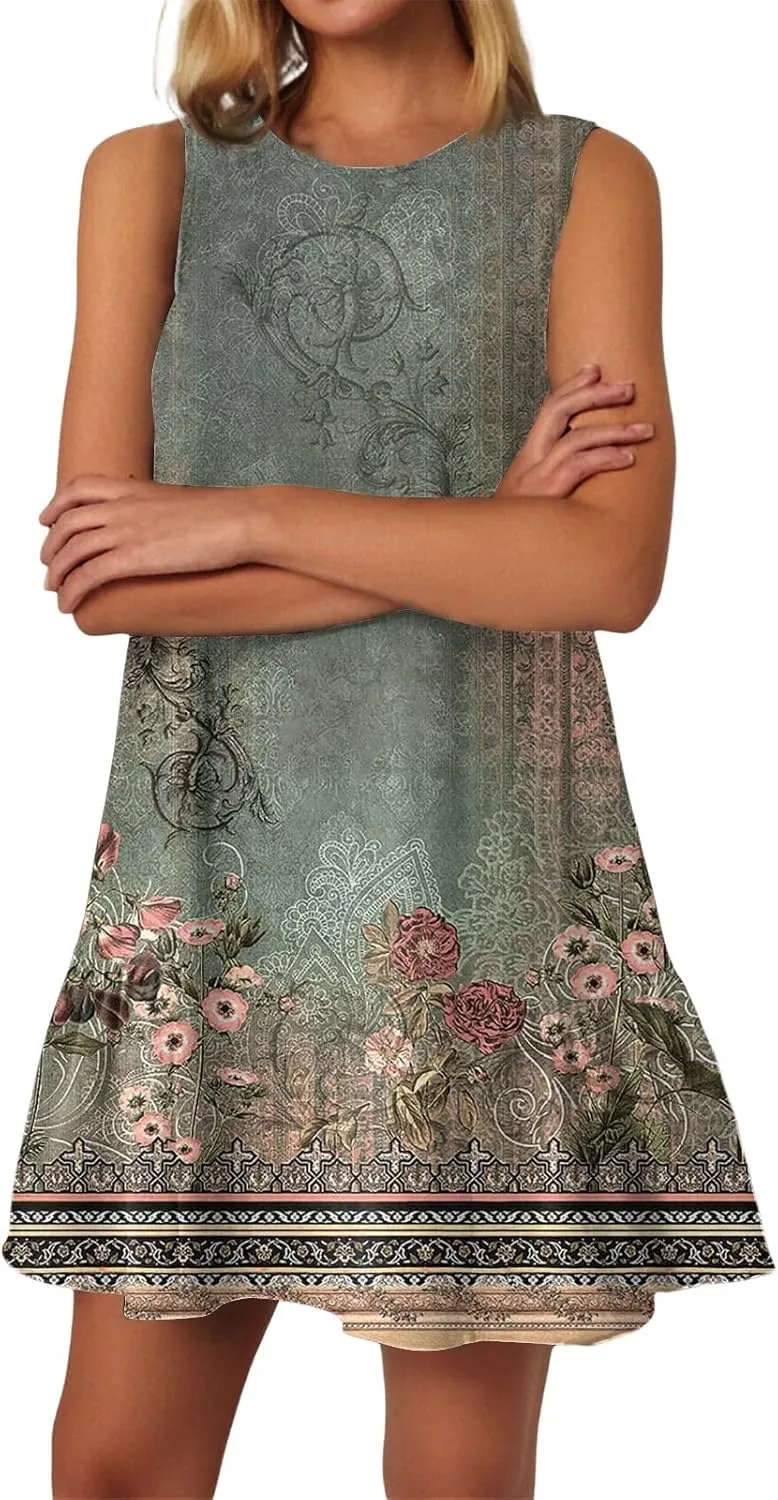 Womens Summer Dresses Casual Sleeveless Tank Dress Business Ruffle Hem Crewneck Trendy Mini Dresses