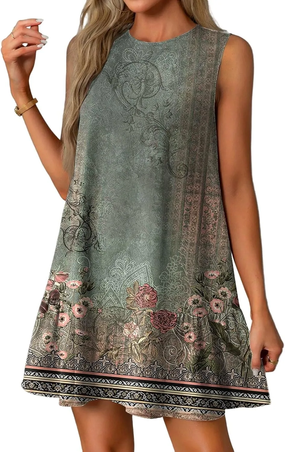 Womens Summer Dresses Casual Sleeveless Tank Dress Business Ruffle Hem Crewneck Trendy Mini Dresses