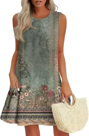 Womens Summer Dresses Casual Sleeveless Tank Dress Business Ruffle Hem Crewneck Trendy Mini Dresses