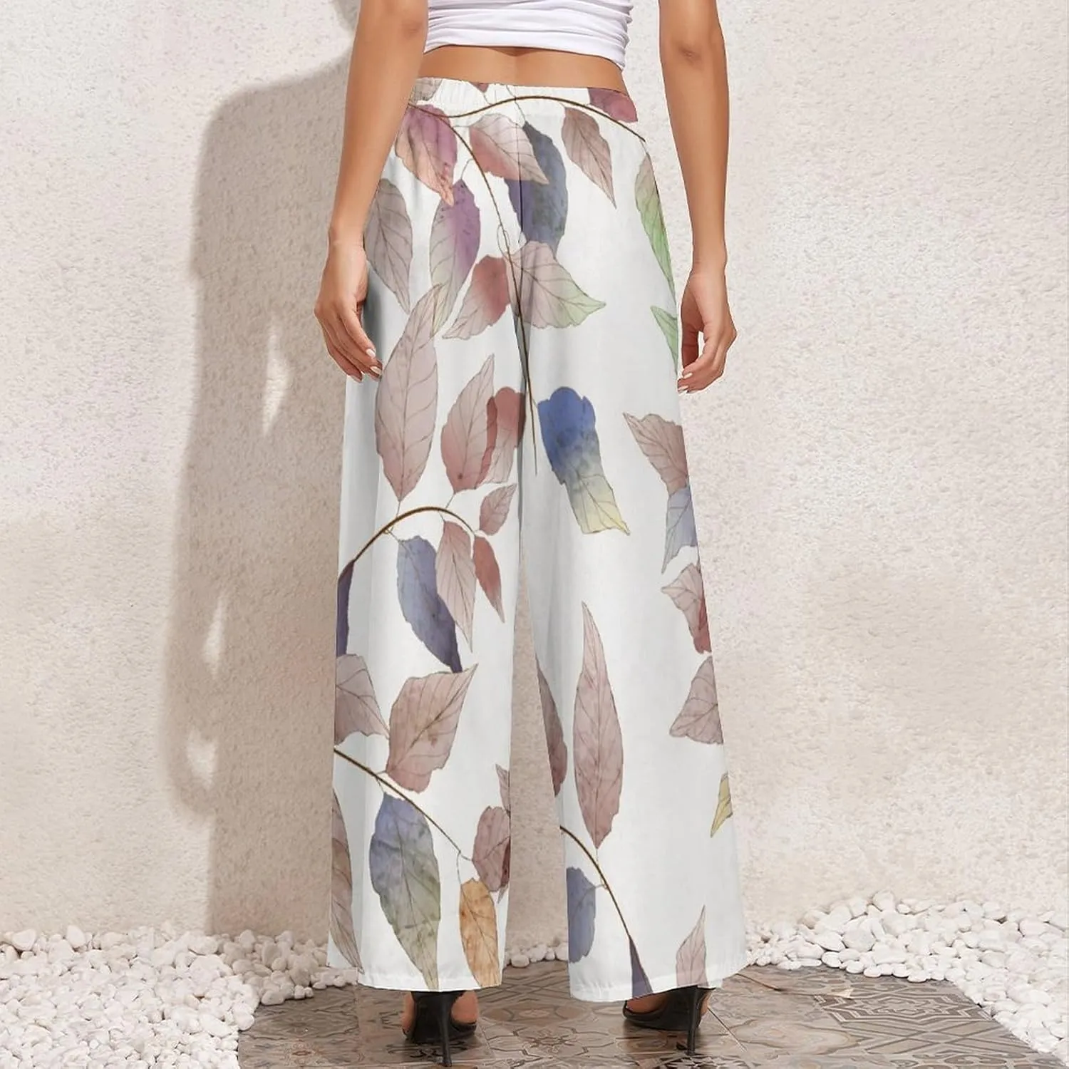 Womens Wide Leg Pants Autumn Maple Leaves Dressy High Waist Trousers Casual Loose Flowy Palazzo Pants