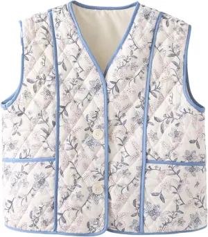 Women's Women's Floral Quilted Puffer Vest Lightweight Sleeveless Open Front Cropped Padded Outwear Vest