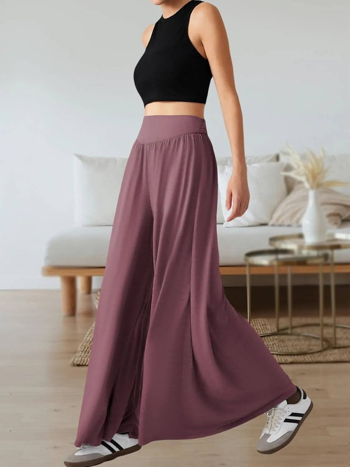 Wowcarbazole Women's Wide Leg Pants Elastic High Waist Casual Lounge Loose Palazzo Pant with Pockets Flowy Fall Long Trousers