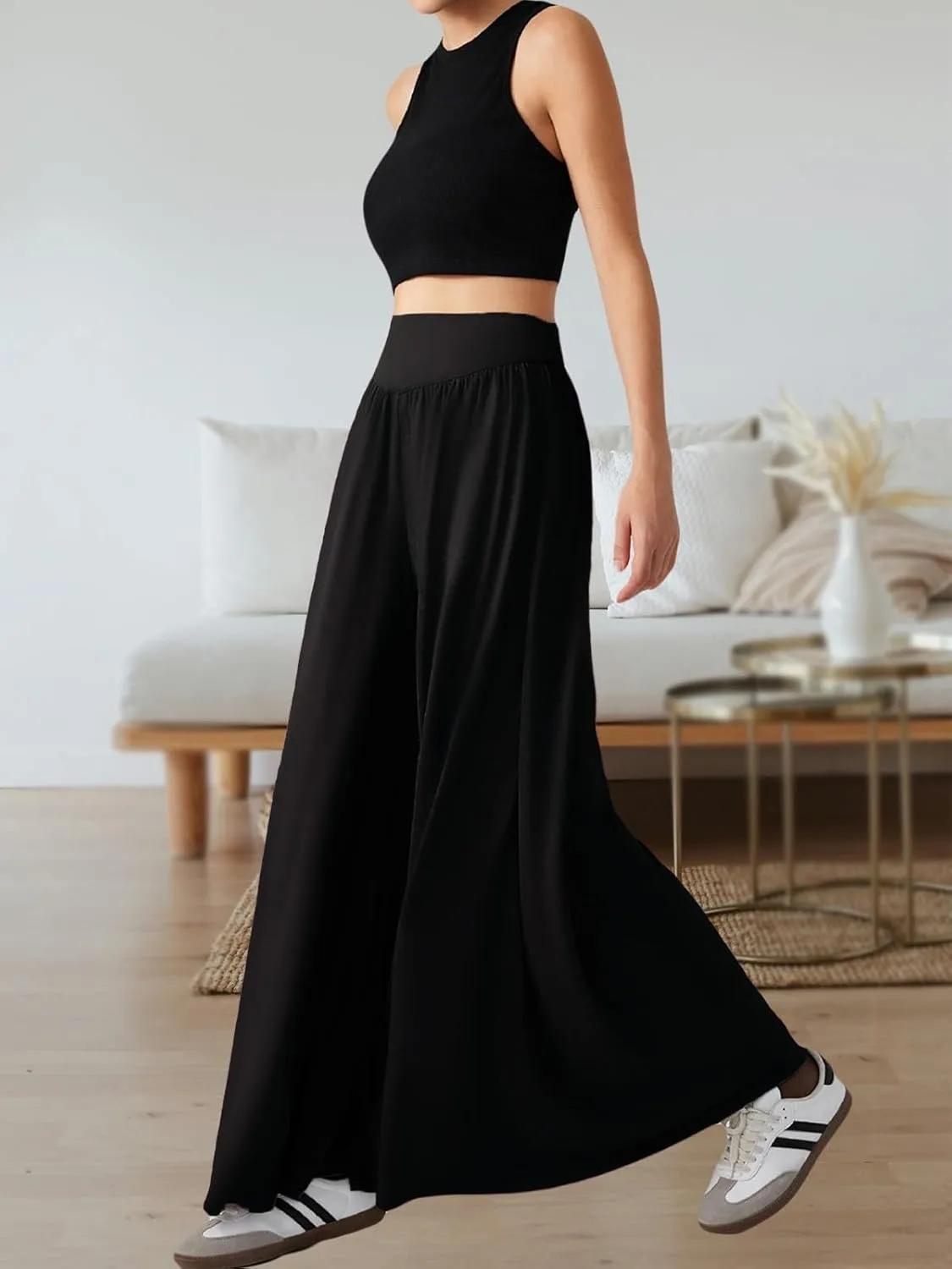 Wowcarbazole Women's Wide Leg Pants Elastic High Waist Casual Lounge Loose Palazzo Pant with Pockets Flowy Fall Long Trousers