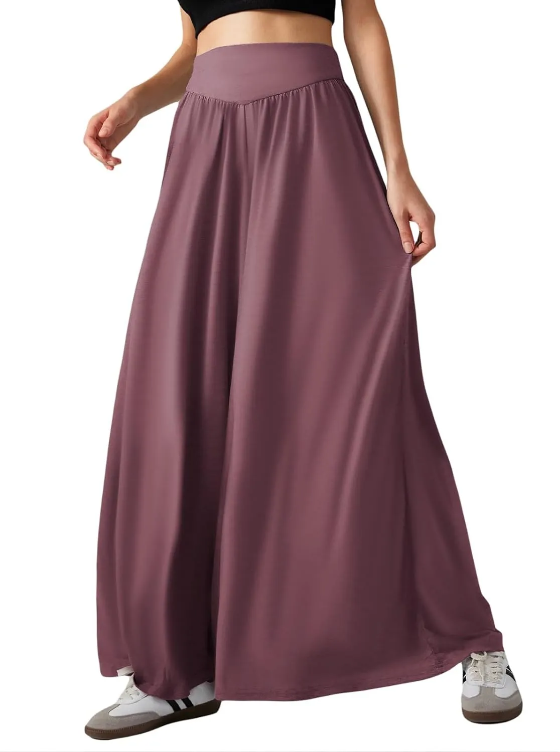 Wowcarbazole Women's Wide Leg Pants Elastic High Waist Casual Lounge Loose Palazzo Pant with Pockets Flowy Fall Long Trousers