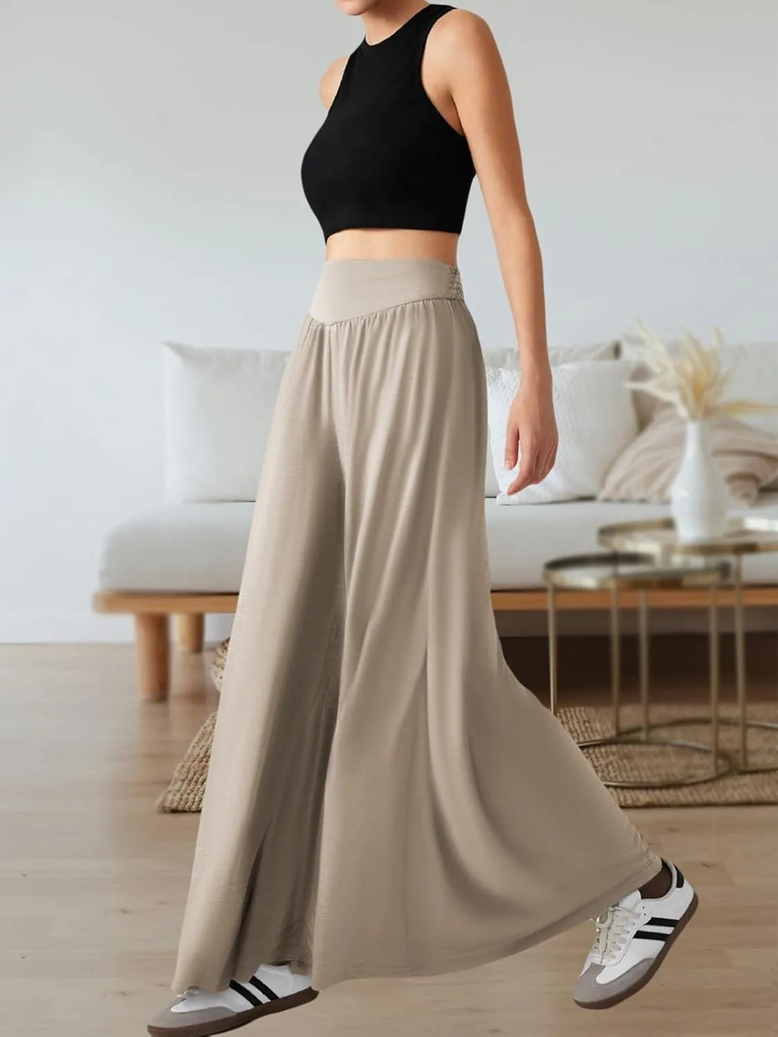 Wowcarbazole Women's Wide Leg Pants Elastic High Waist Casual Lounge Loose Palazzo Pant with Pockets Flowy Fall Long Trousers