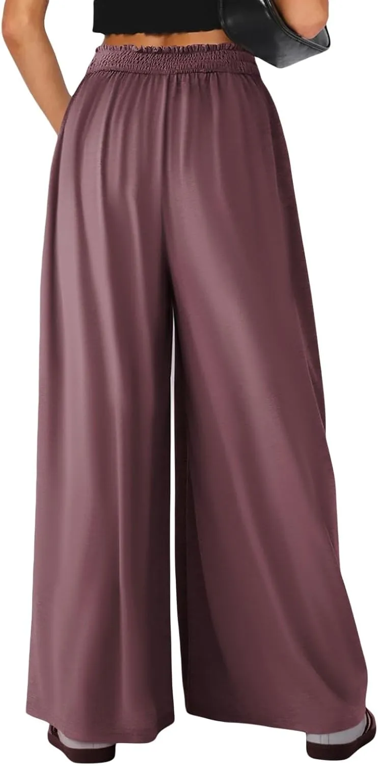Wowcarbazole Women's Wide Leg Pants Elastic High Waist Casual Lounge Loose Palazzo Pant with Pockets Flowy Fall Long Trousers