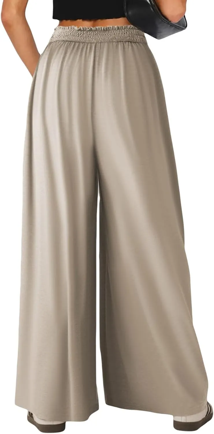 Wowcarbazole Women's Wide Leg Pants Elastic High Waist Casual Lounge Loose Palazzo Pant with Pockets Flowy Fall Long Trousers