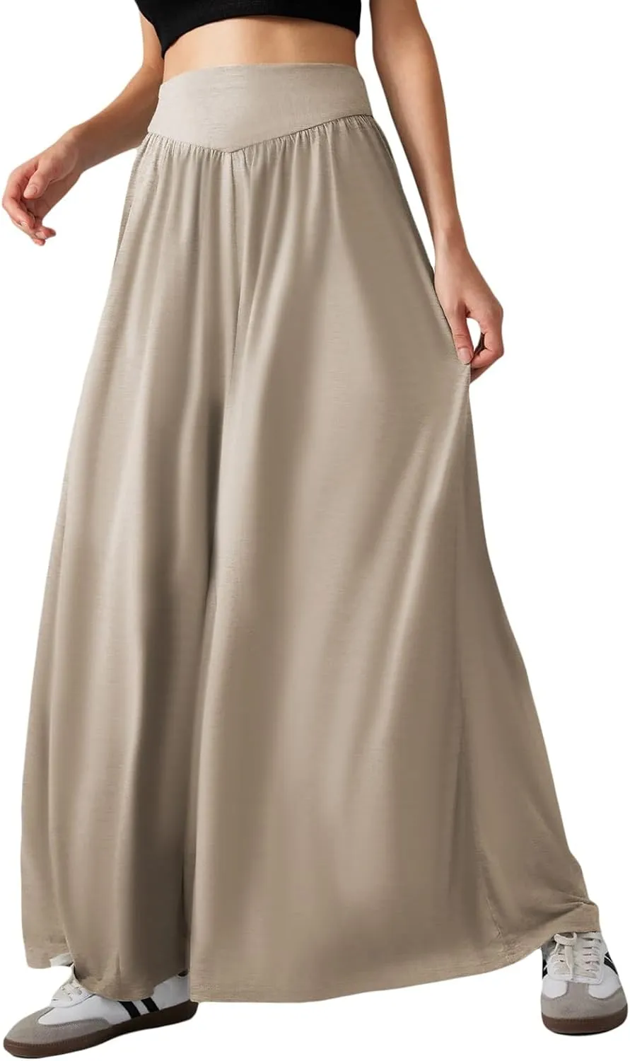 Wowcarbazole Women's Wide Leg Pants Elastic High Waist Casual Lounge Loose Palazzo Pant with Pockets Flowy Fall Long Trousers