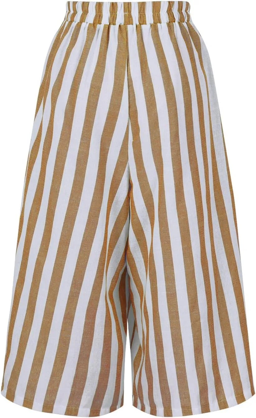 Xiaojmake Womens Wide Leg Palazzo Pants Linen Drawstring Cropped Trousers Y2K A Line Flowy Pants Striped High-Waist Culottes
